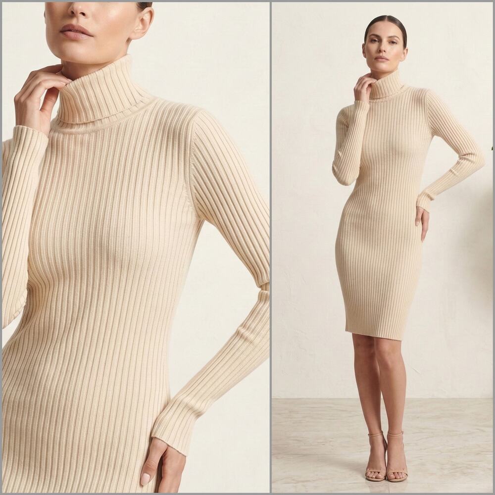 Wolford Rib Dress Turtleneck Wool blend in Ecru Beige size Medium